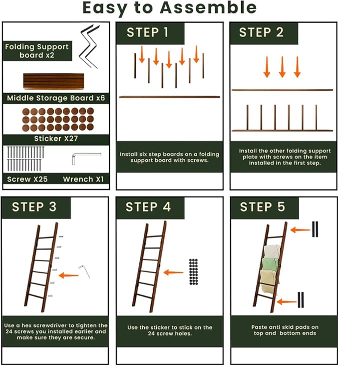 Decorative Wooden Blanket Ladder for the Living Room and Bedroom, 5ft 8 inch, Pine Wood Quilt Ladder, 6-Tier Wall Leaning Bla