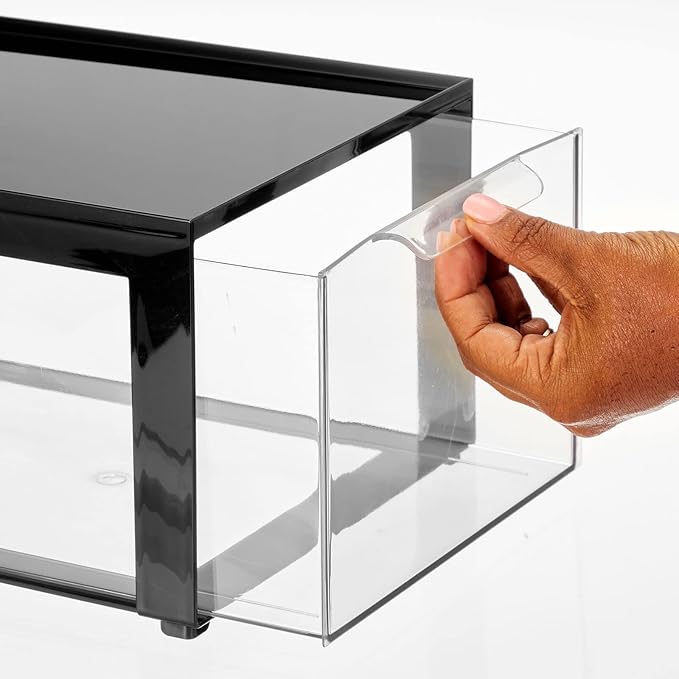 mDesign Plastic Desk Organizer and Storage Bin w/Pull Out Drawer - Stackable Office Storage Container for Office Supplies - D