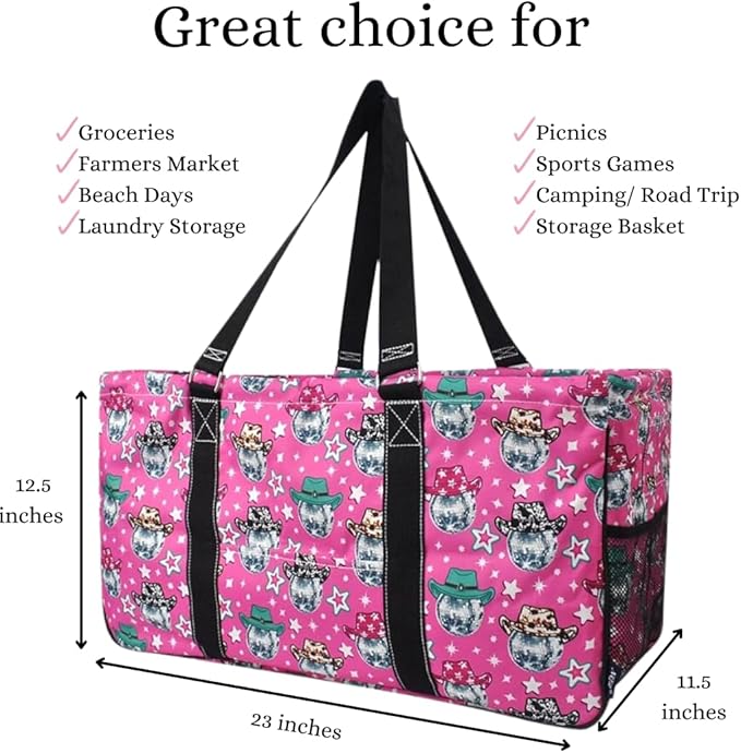 NGIL Extra Large Utility Tote Reusable Grocery Bag Oversized Collapsible for Groceries, Storage, Picnic, Beach (Western Disco-Black)