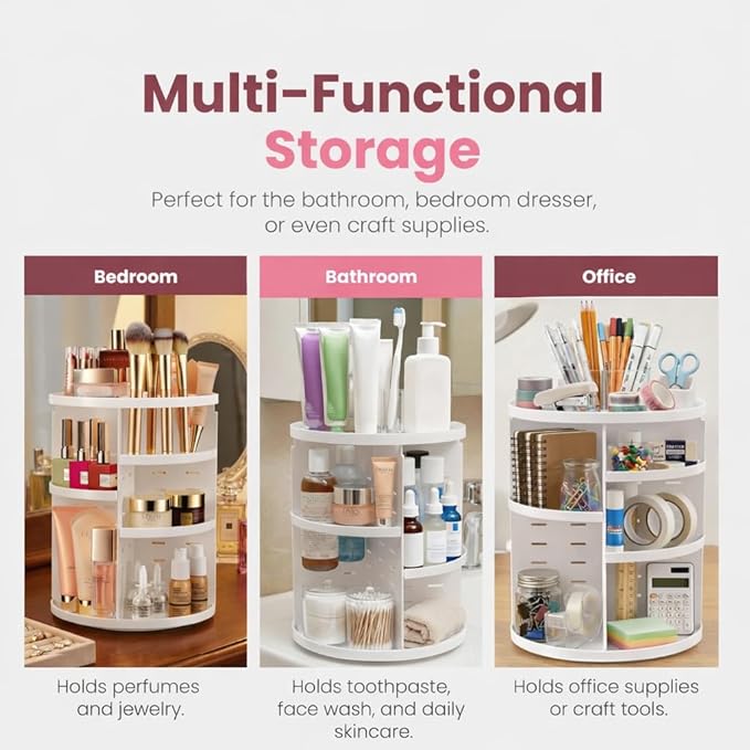 Masirs 360 Rotating Makeup Organizer for Vanity, Adjustable Shelf Height, Large Capacity Cosmetic and Skincare Storage, Lazy 