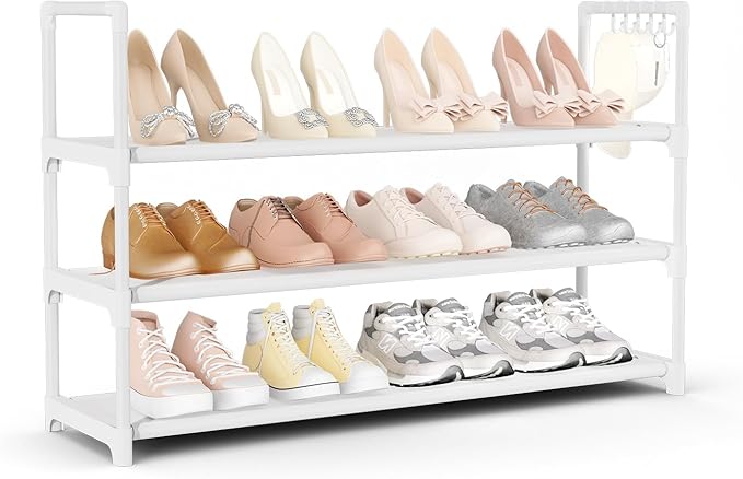 VILICK Shoe Rack for Closet Shoe Organizer Space Saver Storage for 12-15 Pair Shoe Shelf with Hook Free Standing 3 Tier Shoe 