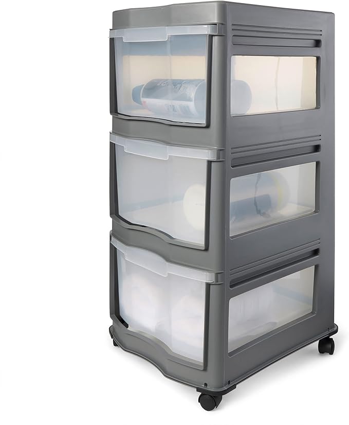Life Story Classic Gray 3 Shelf Home Storage Container Organizer Plastic Drawers with Wheels for Closet, Dorm, or Office