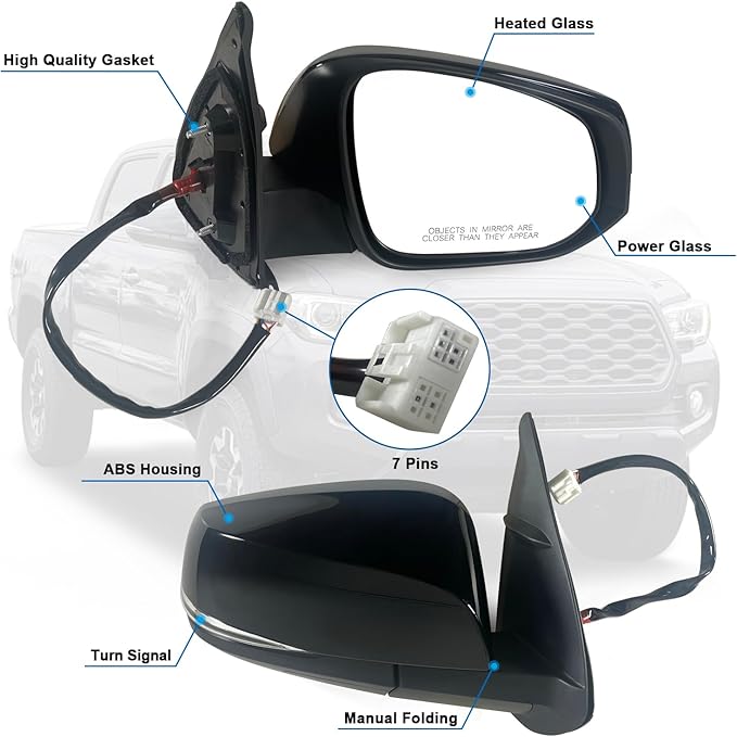 Right Passenger side Mirror Fits 2016-2022 Toyota Tacoma With Power Glass, Heated, Turn Signal丨Without Blind Spot Detection Match to Midnight Black Metallic Replace 8791004230 TO1321349 (7Pins)