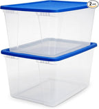 HOMZ 2-Pack Snaplock, Large Clear Plastic Storage Organizer Bins w/Lids, 56 Quart, Blue - Stackable Container Boxes for Bedro