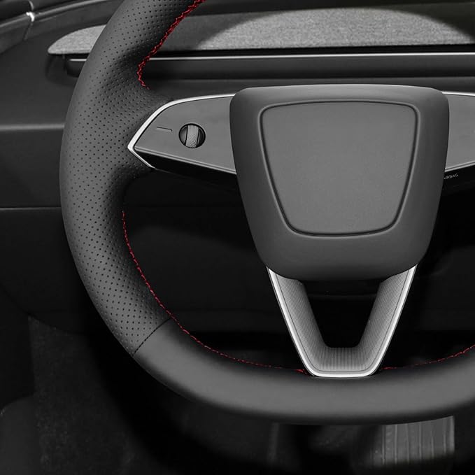 MEWANT Hand Stitched Matte Carbon PU Leather Steering Wheel Cover Wrap for Tesla Model 3 Highland 2023 2024 2025 Steering Wheel Accessories Real Leather