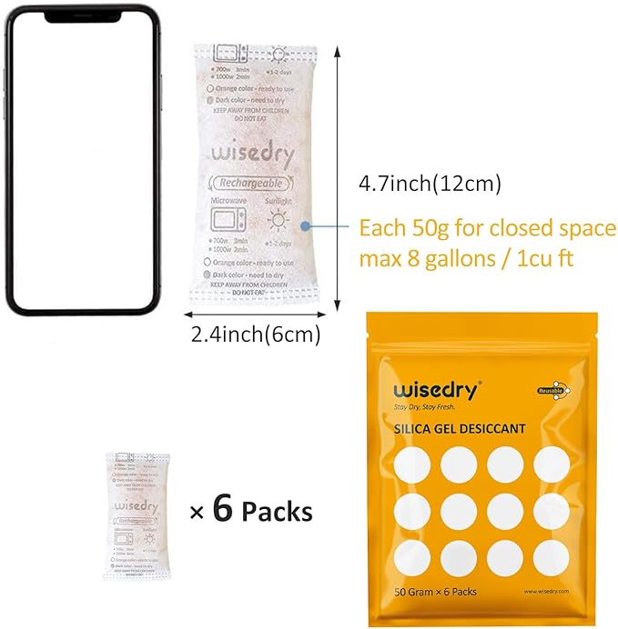 wisedry 50 Gram [6PACKS] Rechargeable Silica Gel Desiccant Packets Fast Reactivate Desiccant Bags Orange to Green indicating
