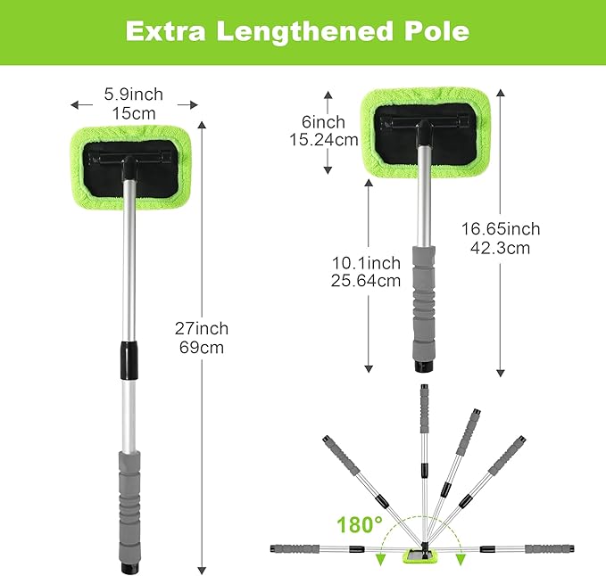 XINDELL Windshield Cleaning Tool for Car – 27inch Extendable Handle Window Cleaner with Reusable Microfiber Pads, Streak-Free