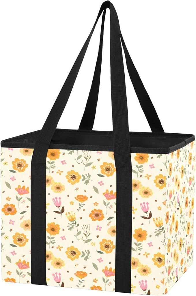 Orange Flowers Reusable Grocery Bags Large Shopping Tote Bag with Reinforced Bottom Board, Water Resistant Foldable Storage B