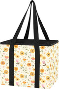 Orange Flowers Reusable Grocery Bags Large Shopping Tote Bag with Reinforced Bottom Board, Water Resistant Foldable Storage B