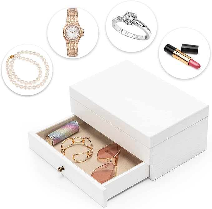 Meangood Jewelry Box Organizer for Women, 2 Layer Large Jewelry Storage Case, Rustic Wooden Jewelry Box with Mirror & Ring Tr
