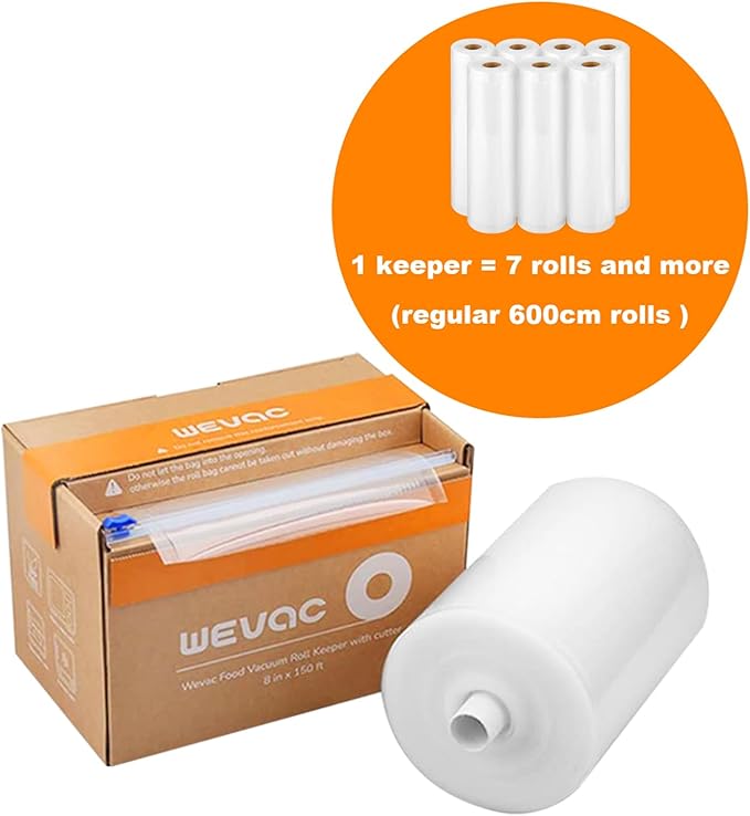 Wevac 8” x 150’ Food Vacuum Seal Roll Keeper with Cutter, Ideal Vacuum Sealer Bags for Food Saver, BPA Free, Commercial Grade