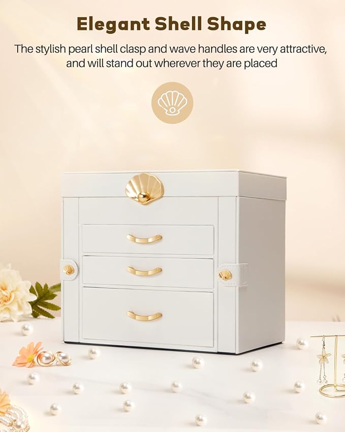 Enthralite Jewelry Box with 3 Drawers: Display Organizer for Earrings Necklaces - Gift for Girls Women (White)