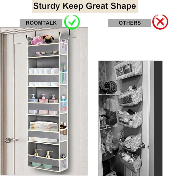 Over The Door Organizer 5-Shelves and 10 Side Pockets, Over The Door Storage for Bathroom Bedroom Nursery, Hanging Door Organ