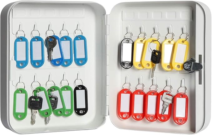 Jssmst Key Lock Box Wall Mount Security Key Storage Box, Locking Key Cabinet Wall Mount with 20 Key Hooks & Tags Key Labels, 