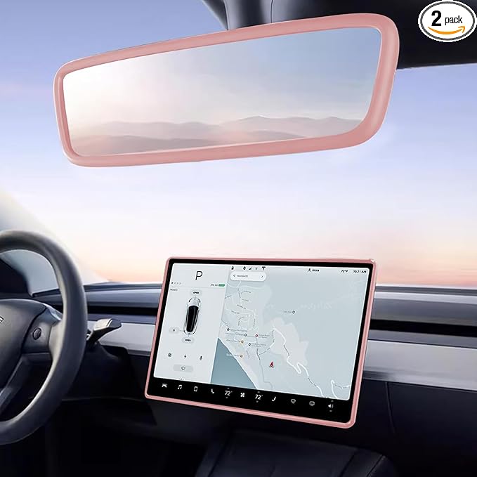 2PCS Protector Trim Frame Compatible with Tesla Model 3 Y 2020-2024 2025 2026 Screen Edge Frame Rearview Mirror Cover Interior Decorations Center Console Decor Highland Juniper Accessories Set (Pink)