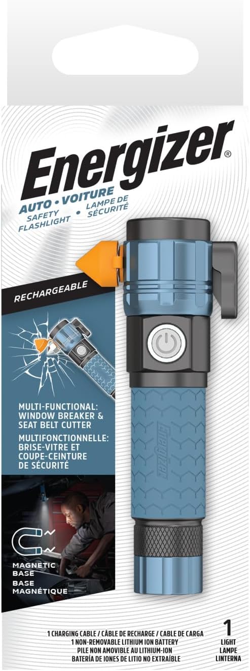 Energizer A-500 Rechargeable Flashlight, Auto Safety Seat Belt Cutter and Glass Breaker, IPX4 Water Resistant, Battery and US