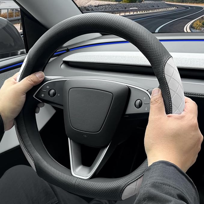 LKWLIKEI Leather Steering Wheel Cover. Elegant Diamond Checkered Design, Non-Slip and Breathable, for Tesla Model 3/Y Steerin