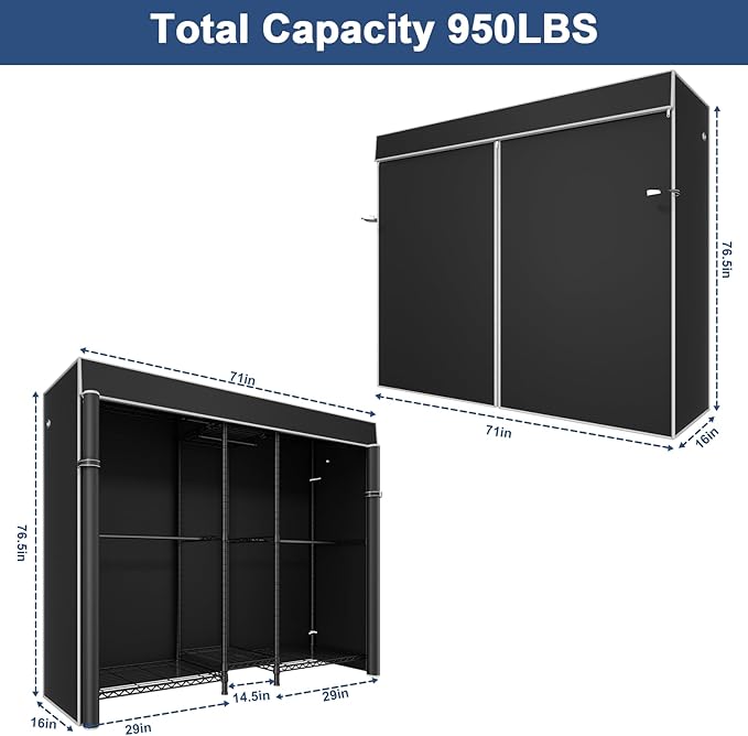Ulif E12C Pro Heavy Duty Closet Organizer System，Freestanding Clothing Rack, Adjustable Garment Rack 71" W x 16" D x 76.5" H 