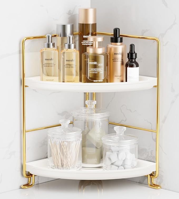 FSyueyun 2-Tier Corner Bathroom Counter Organizer, Tool-Less Installation Vanity Shelf Small Plastics Countertop Makeup Tray 