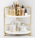 FSyueyun 2-Tier Corner Bathroom Counter Organizer, Tool-Less Installation Vanity Shelf Small Plastics Countertop Makeup Tray 