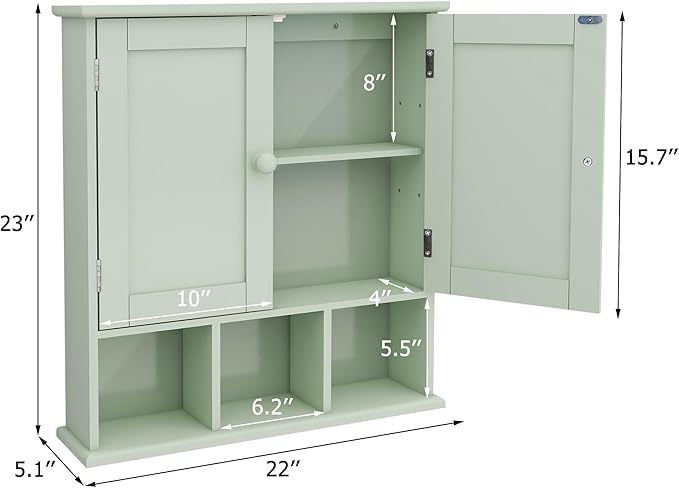 TaoHFE Green Bathroom Cabinet,Bathroom Wall Cabinet with 2 Door Adjustable Shelves,Over The Toilet Storage Cabinet,Green Bath