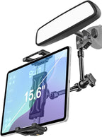 woleyi Car Rearview Mirror Tablet Holder Clip - [Metal Arm] Rear View Mirror Tablet Mount for Car Accessories with 360 Rotatable and Retractable for iPad Pro 13 Air Mini, Galaxy, Fire, 6-15.6" Devices