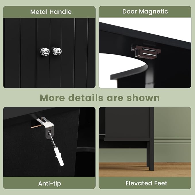 Iwell Pedestal Sink Storage Cabinet with 2 Doors and Shelf, Under Sink Cabinet, Bathroom Sink Cabinet with U-Shape, Black