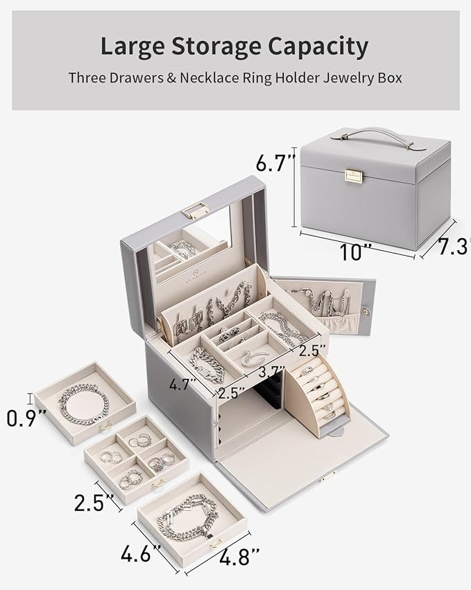 Vlando Jewelry Box Organizer for Girls Women, Large Baroque Jewelry Holder Organizer with Mirror, 3 Drawers for Bracelets, Ea