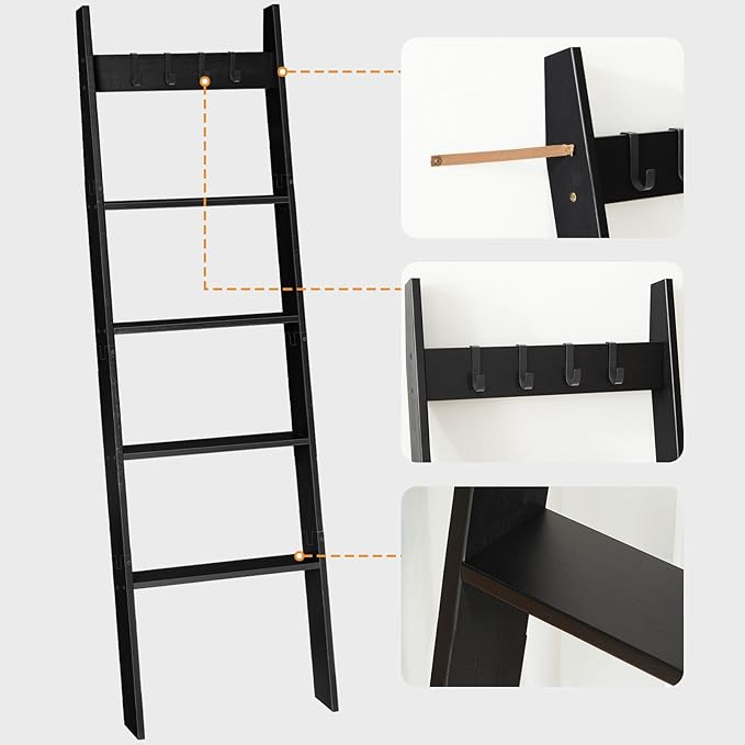 HOOBRO Blanket Ladder for Living Room and Bedroom, 5-Tier Wall Leaning Towel Rack for Bathroom, Decorative Ladder Shelf with 