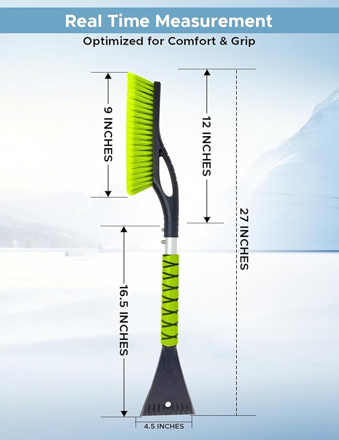 27" Snow Brush and Ice Scrapers for Car Windshield (1 Pack), Window Ice and Snow Scraper with Ergonomic Foam Grip, Snow Windshield Scraper with Aluminum Body, Winter Car Accessories (Green)
