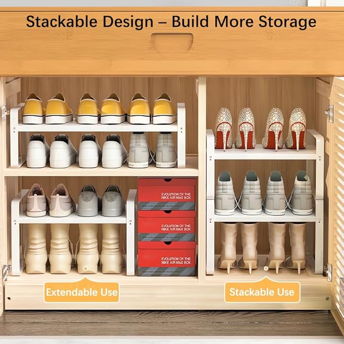 Expandable 1-Tier Metal Shoe Rack (H:7"), Adjustable Width 14.9"–23.6", Heavy-Duty Free-Standing Shoe Shelf for Closet, Entry