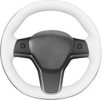 MEWANT Hand Stitched White Leather Tesla Model 3 Steering Wheel Cover for Tesla Model 3 2017-2023 / Model Y 2020-2023 for Tesla Model 3/Y Accessories