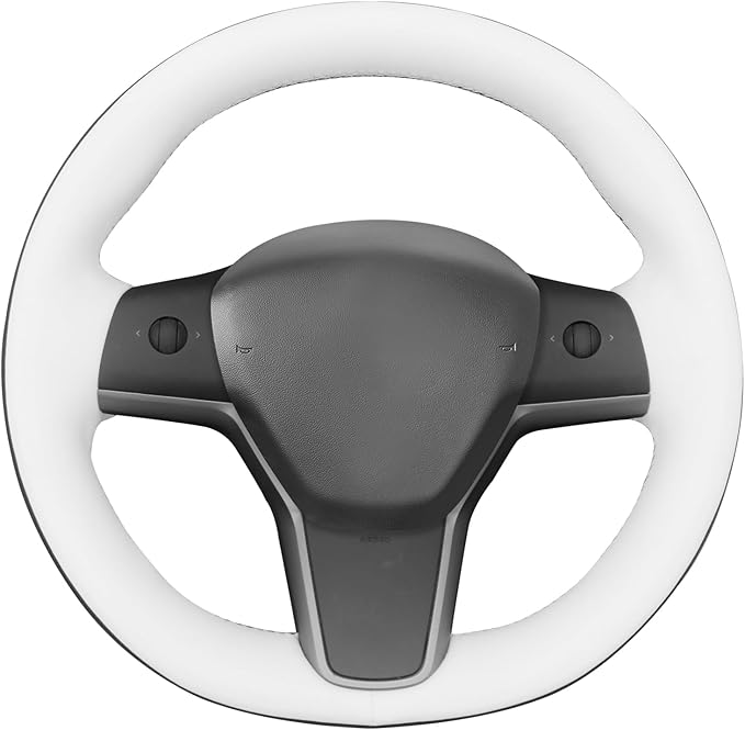 MEWANT Hand Stitched White Leather Tesla Model 3 Steering Wheel Cover for Tesla Model 3 2017-2023 / Model Y 2020-2023 for Tesla Model 3/Y Accessories