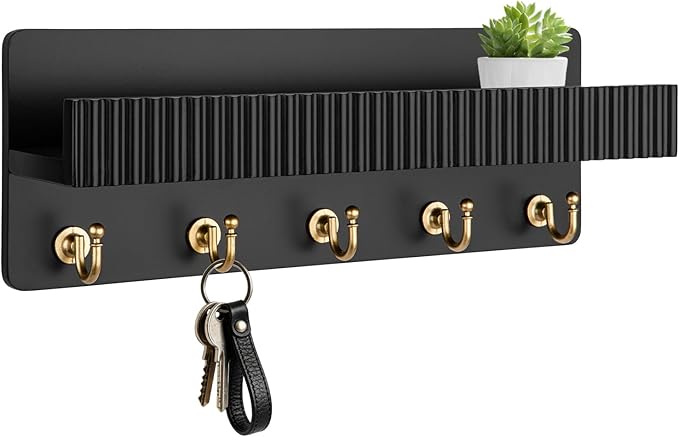 Key Holder Wall Mount, 14" Wooden Entryway Key and Mail Organizer with 5 Metal Hooks, Decorative Key Hanger Rack for Bag, Coa