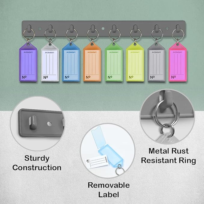 Acrimet Key Tag Rack w/ 8 Keyring Tags (Self-Adhesive Key Storage Rack) (2 Pack) (Assorted Color)