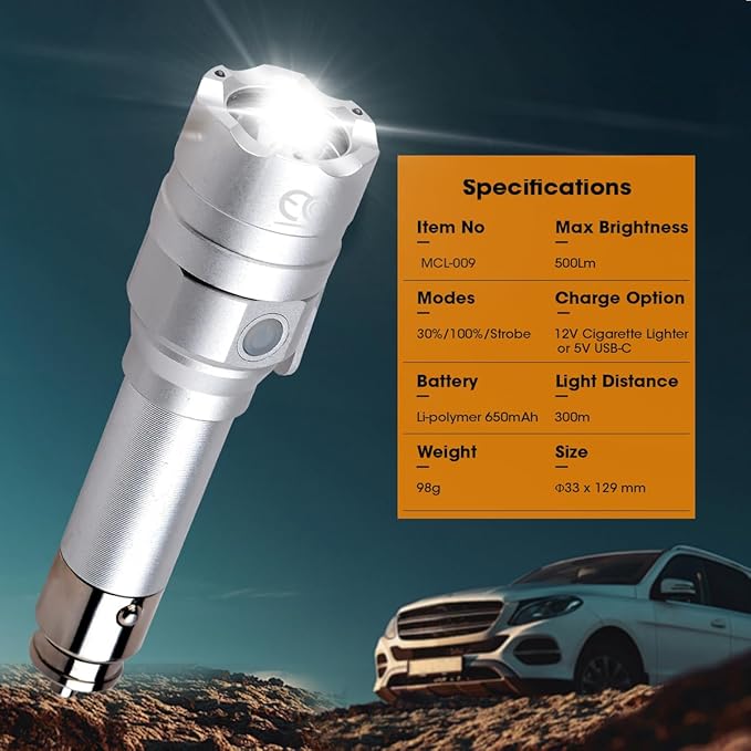 Small Flashlight Rechargeable with Diffuser 12 Volt Car Cigarette Lighter & USB C Charge for Auto Vehicles Emergency, Car Esc