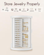 VLANDO 360°Rotating Jewelry Box,Earring Organizer Large Vertical Jewelry Organizer with 6 Necklace Hooks, Open Ring Display S