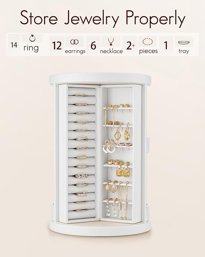 VLANDO 360°Rotating Jewelry Box,Earring Organizer Large Vertical Jewelry Organizer with 6 Necklace Hooks, Open Ring Display S