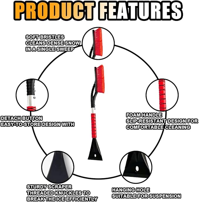 27" Snow Brush and Ice Scrapers for Car Windshield and Window, Detachable Winter Snow Remover Ice Shovel Tool with Ergonomic Foam Grip & No Scratch Bristles, Car Accessories for Truck SUV (Red)