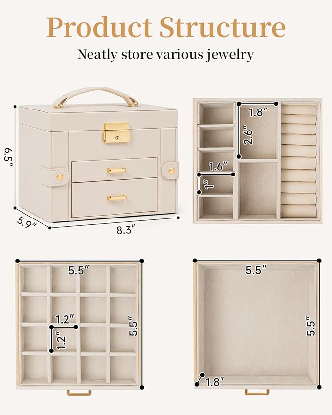 TORIBIO Jewelry Box for Women, Leather Jewelry Organizer with Mirror & Lock, 3-Tier Jewelry Storage Organizer with 2 Drawers 