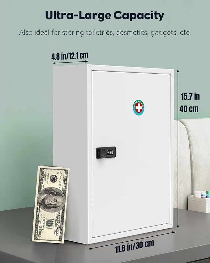 Uniclife Wall Mount Medicine Cabinet with Combination Lock, Locking First Aid Cabinet, Lockable Medical Cabinet, Large Capaci