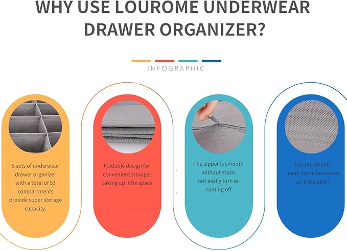 Lourome Underwear Organizer, 5 Set Foldable Fabric Underwear Drawer Organizer and Sock Organizer, Drawer Organizers for Cloth