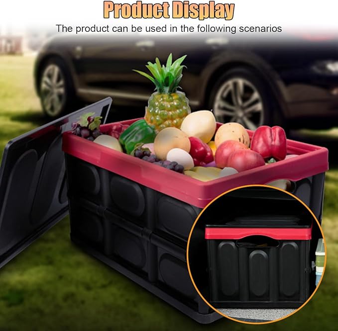 Car Trunk Organizer, Foldable Plastic Cargo Storage Box with Lid, Large Car Tool Container with Handles, Universal Automotive