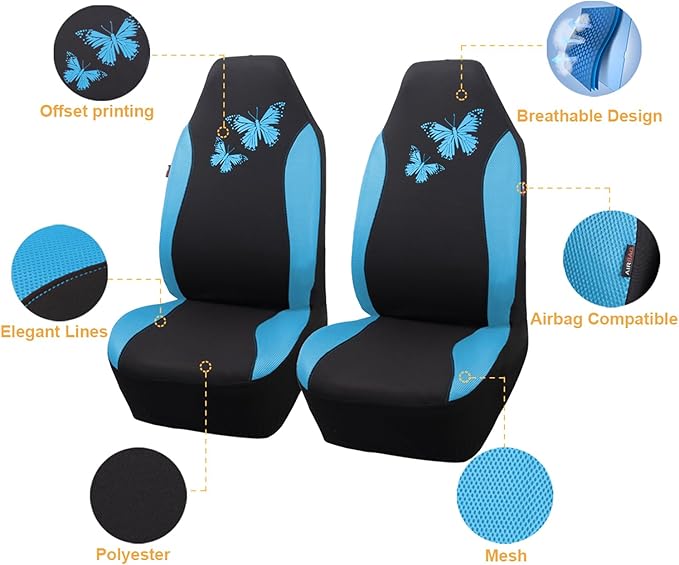 Flying Banner Butterfly car seat Covers ful Set Fashion Universal Lady Woman Female Rear Bench Split Colorized (2 Fronts, Min