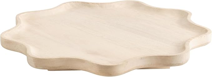 Kate and Laurel Alezar Mango Wood Wavy Round Lazy Susan Tray, 18 Inch Diameter, Light Bleached Wood, Scalloped Wooden Counter