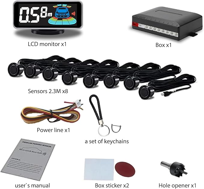 Backup Parktronic System Car Auto Vehicle Reverse with 8 Parking Sensors kit, LCD Display, Distance Detection (Meter/Foot Swi