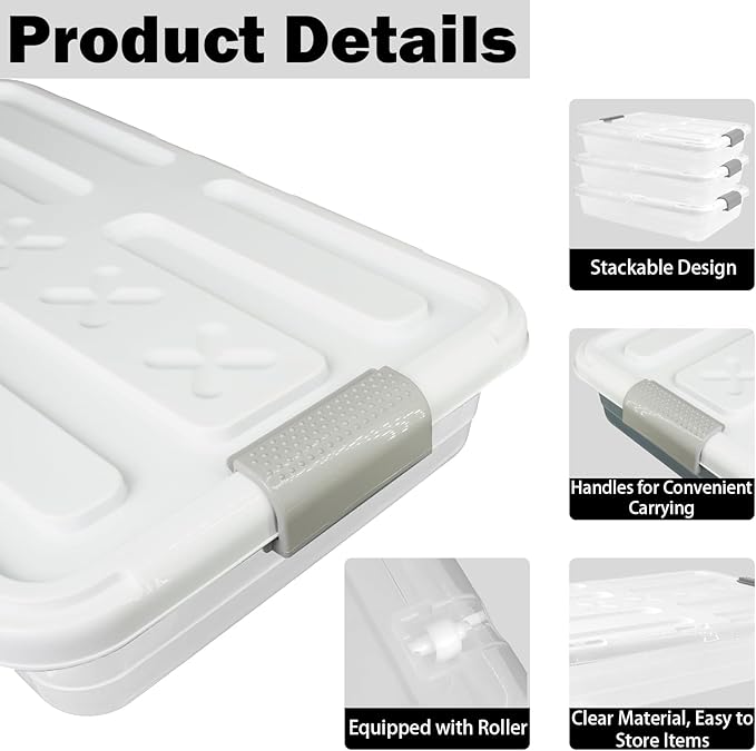 4 Pcs Plastic Under Bed Storage Containers with Handles and Lid Wheels, 23.7 x 15.8 x 4.8 Inch White clear Stackable Latching
