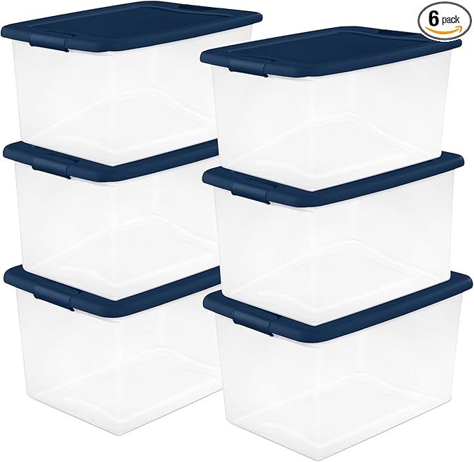 Sterilite 6-Pack Color Program, Large Clear Plastic Storage Bins with Lids, 64 Quart, Blue - Stackable Organizing Container B