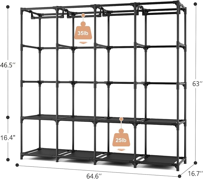 Portable Closet for Hanging Clothes, 67 Inch Wide Portable Wardrobe Closet with Cover, 4 Hanging Rod, Storage Shelves and Sid