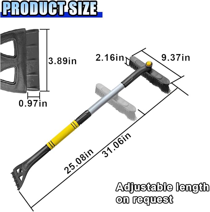 31.5" Detachable Snow Brush and Ice Scraper for Car Windshield, 2-in-1 Winter Snow Removal Tool with Extendable, 360° Rotating Soft Bristle Brush Head and Foam Grip for Most Vehicles (Yellow)